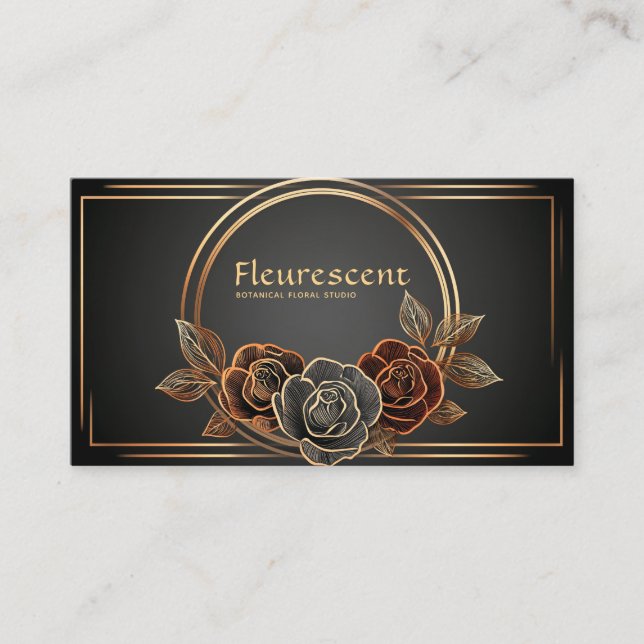 Cartão De Visita Luxury Black and Gold Line Art Rose Floral (Frente)