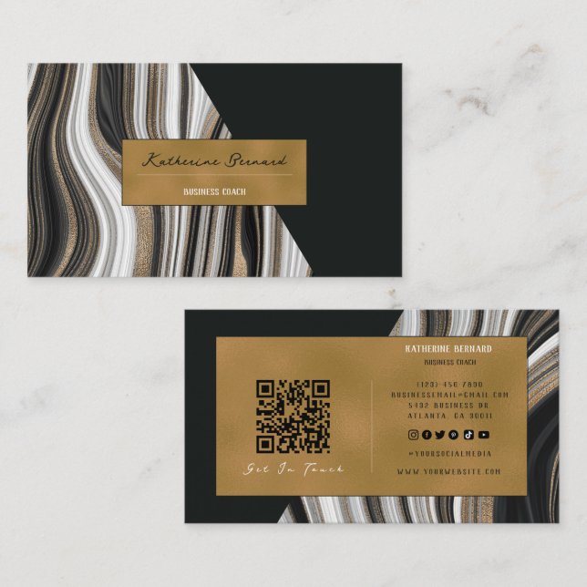 Cartão De Visita Luxury Black and Gold Marble Business Coach Card (Frente/Verso)