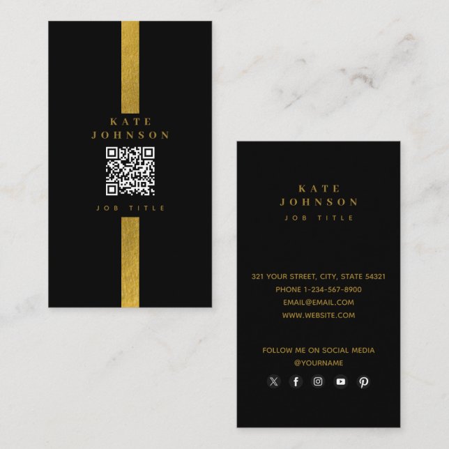 Cartão De Visita Luxury Black Dourado QR Code Mídia Social (Frente/Verso)