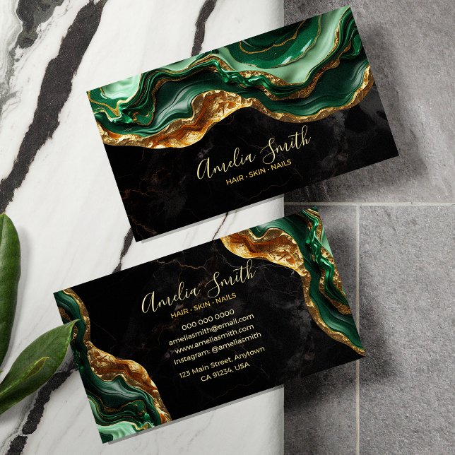 Cartão De Visita Luxury Black & Emerald Green Marble with Gold Glit (Criador carregado)