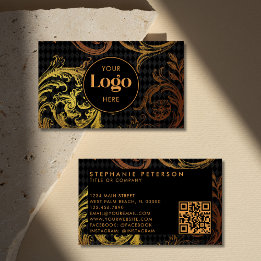 Cartão De Visita Luxury Black & Gold Baroque Custom Logo QR Code