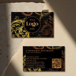 Cartão De Visita Luxury Black & Gold Baroque Custom Logo QR Code