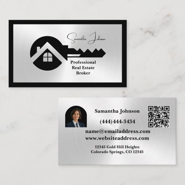 Cartão De Visita Luxury Black & Silver QR Code Photo Real Estate  (Frente/Verso)