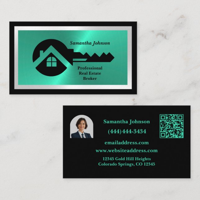 Cartão De Visita Luxury Black & Turquoise QR Code Photo Real Estate (Frente/Verso)