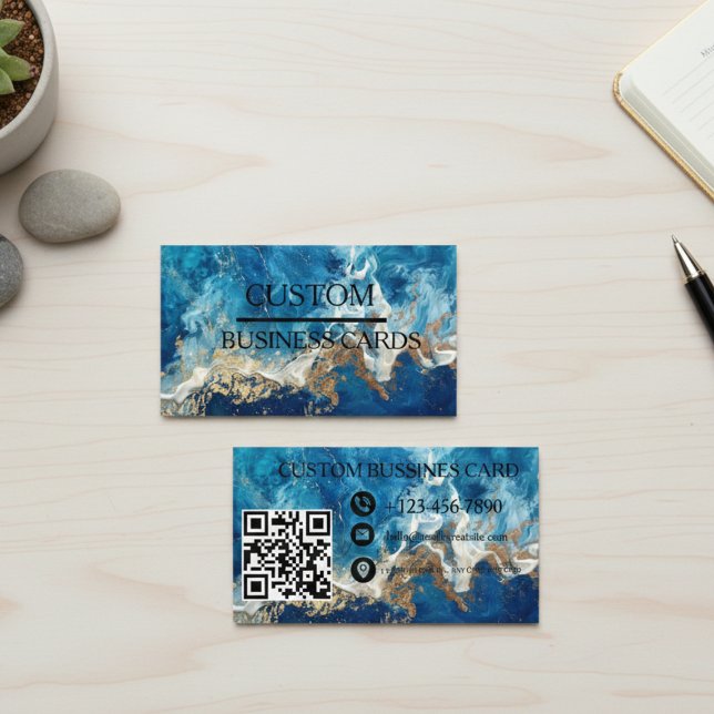 Cartão De Visita "Luxury Blue Marble QR Business Card – Gold Vein (Criador carregado)