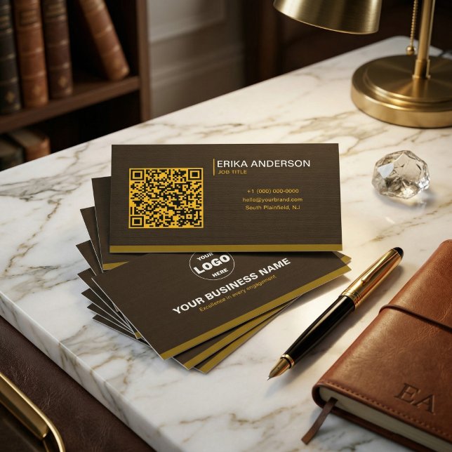 Cartão De Visita Luxury Dark Brown Textured QR Code Minimal Gold  (Luxury Dark Brown Textured QR Code Minimal Gold Business Card)