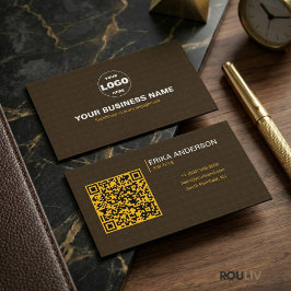Cartão De Visita Luxury Dark Brown Textured QR Code Minimal Gold 