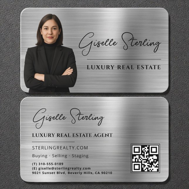 Cartão De Visita Luxury Faux Silver Metallic Realtor Photo QR Code (Criador carregado)