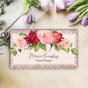 Cartão De Visita Luxury Girly Faux Rosa Dourado Glitter Floral