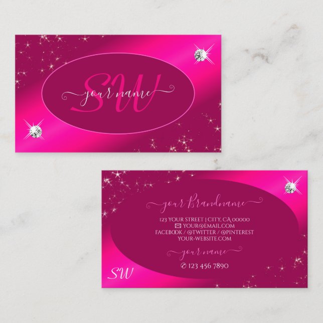 Cartão De Visita Luxury Girly Pink Glitter Stars Diamantes Iniciais (Frente/Verso)