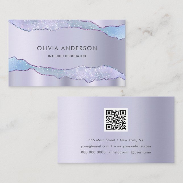 Cartão De Visita Luxury Glam Roxo Código QR Moda Moderna (Frente/Verso)
