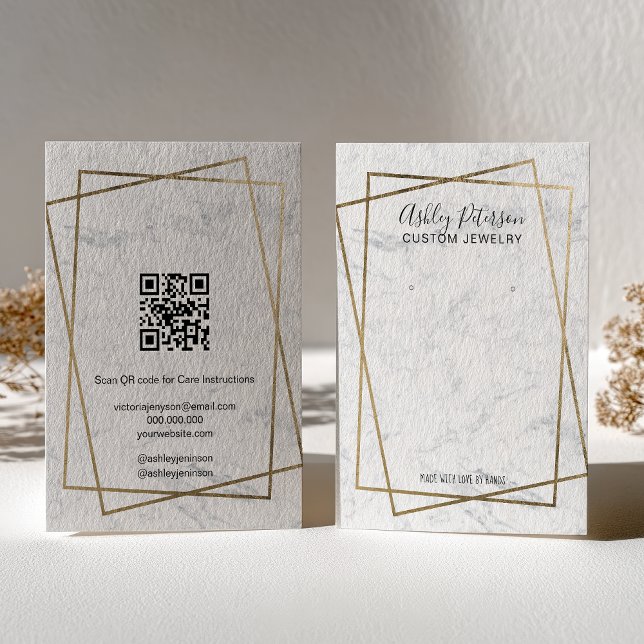 Cartão De Visita Luxury Gold White Marble QR code Earring Display (Luxury Gold White Marble QR code Earring Display Business Card)