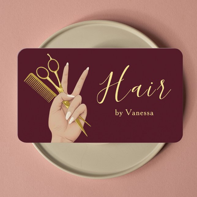 Cartão De Visita Luxury Hair Salon Hairstylist Hairdresser Burgundy (Criador carregado)