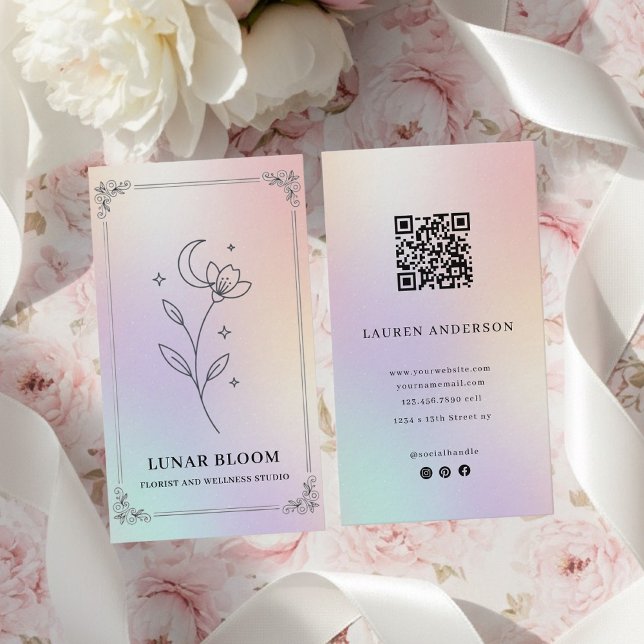 Cartão De Visita Luxury Iridescent Holographic Floral QR Code  (Criador carregado)