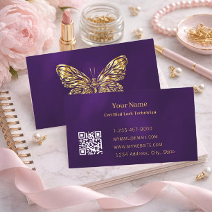 Cartão De Visita Luxury Lash Tech Borboleta Roxo Dourado Código QR