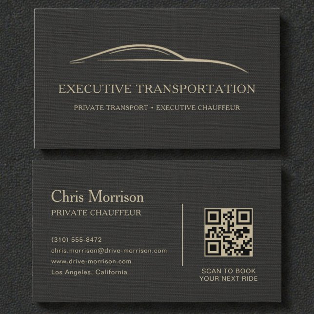Cartão De Visita Luxury Linen Transport Car QR Code Black & Gold (Criador carregado)