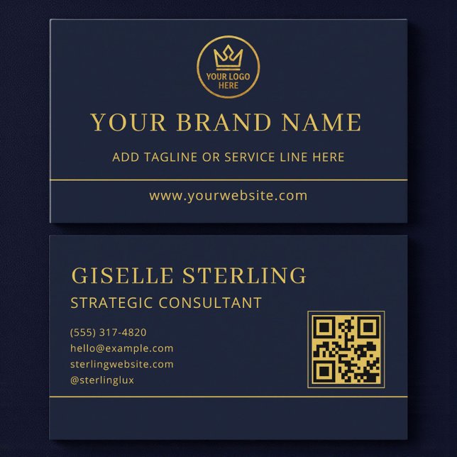 Cartão De Visita Luxury Logo Blue Gold QR Code (Criador carregado)