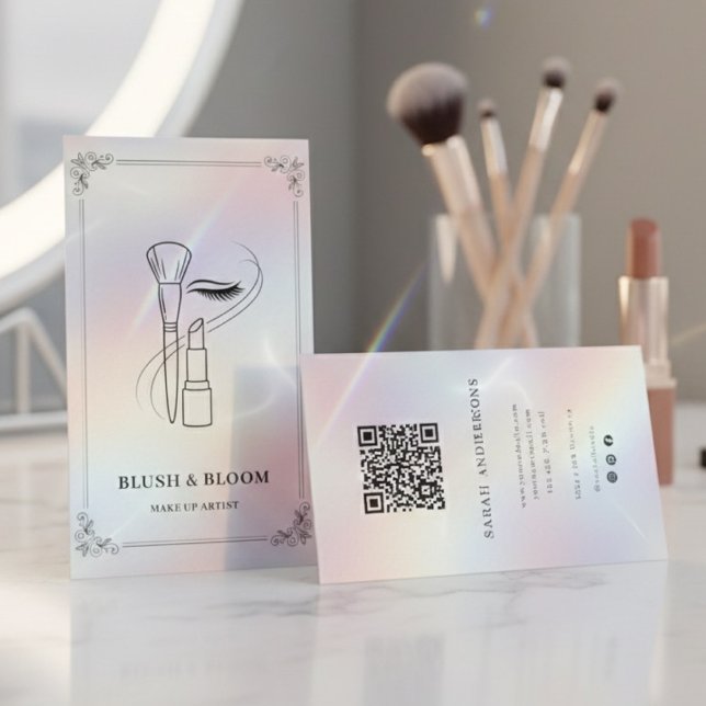 Cartão De Visita Luxury Makeup Artist with QR Code | Holographic (Criador carregado)