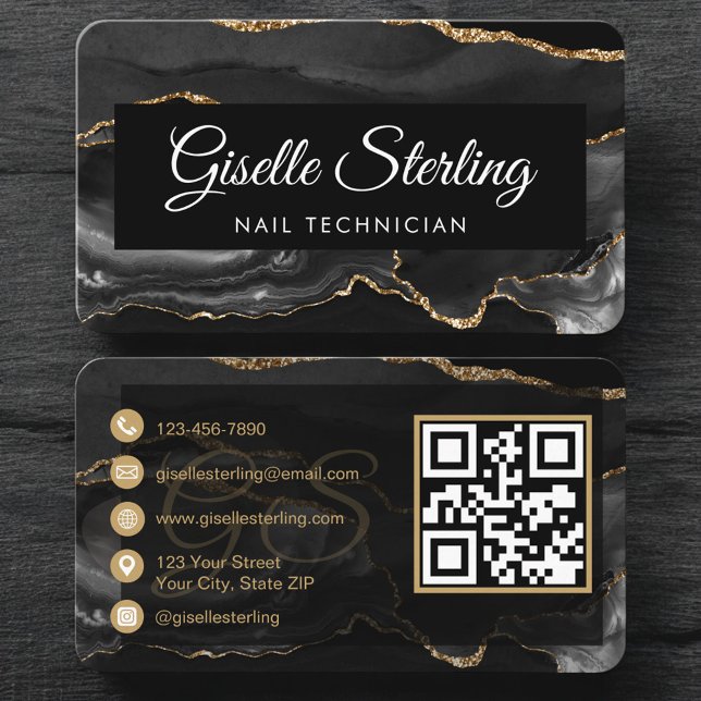 Cartão De Visita Luxury Nail Technician Black Gold QR Code (Criador carregado)