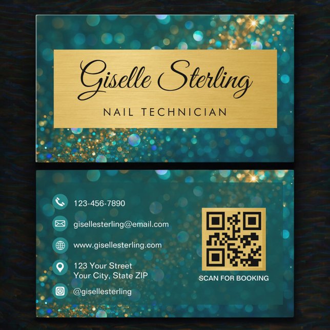 Cartão De Visita Luxury Nail Technician Gold Teal Glitter QR Code (Criador carregado)