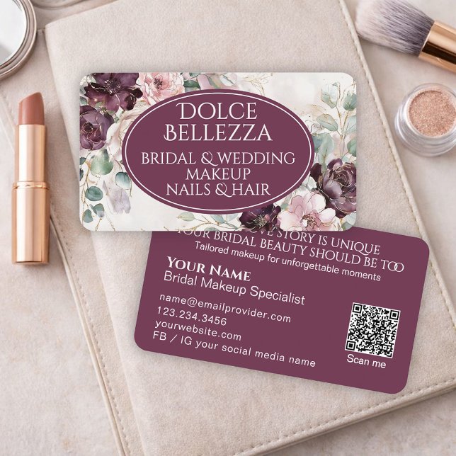 Cartão De Visita Luxury Purple Burgundy Floral Bridal Makeup Artist (Criador carregado)