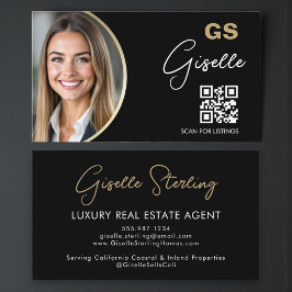 Cartão De Visita Luxury Real Estate Agent QR Code Black Gold Photo