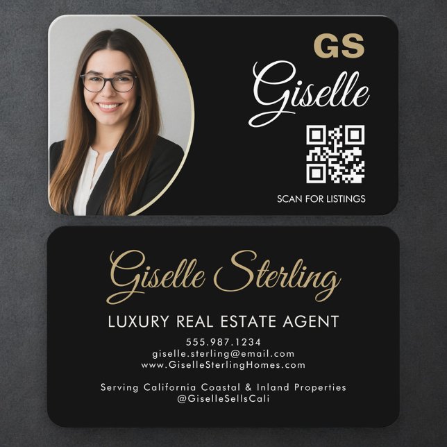Cartão De Visita Luxury Real Estate Agent QR Code Black Gold Photo  (Criador carregado)