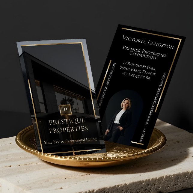 Cartão De Visita Luxury Real Estate Black Gold Photo Monogram (Luxury Real Estate Black Gold Photo Monogram Business Card)