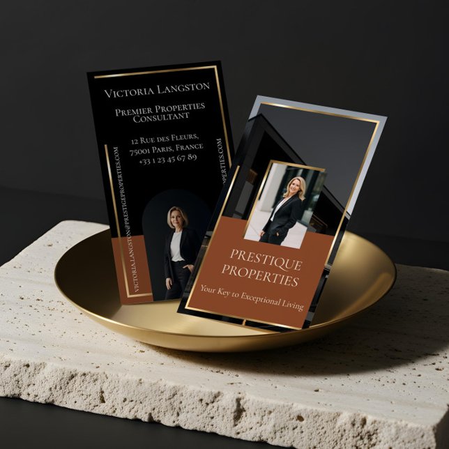 Cartão De Visita Luxury Real Estate Black Gold Photo Monogram (Luxury Real Estate Black Gold Photo Monogram Terracotta Business Card)