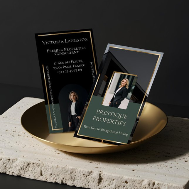 Cartão De Visita Luxury Real Estate Black Gold Photo Monogram (Luxury Real Estate Black Gold Photo Monogram Green Business Card)