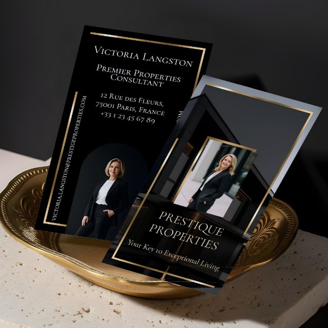 Cartão De Visita Luxury Real Estate Black Gold Photo Monogram (Luxury Real Estate Black Gold Photo Monogram Business Card)