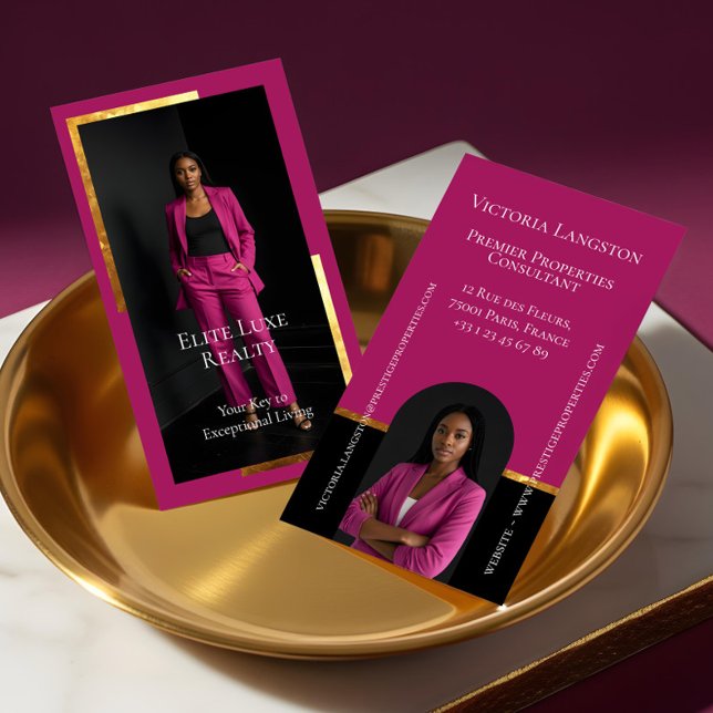 Cartão De Visita Luxury Real Estate Elegant Black Gold & Pink Photo (Luxury Real Estate Elegant Black Gold & Pink Photo Business Card)