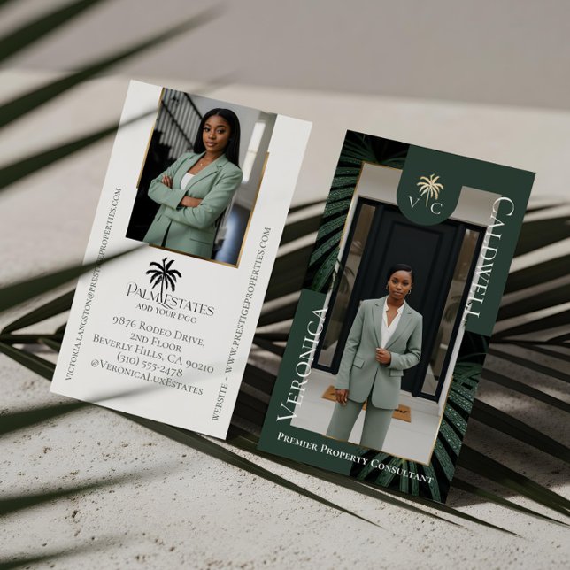 Cartão De Visita Luxury Real Estate Firm Palm Tree Monogram Photo (Elegant Luxury Tropical Palm Tree Monogram Photo Business Card)