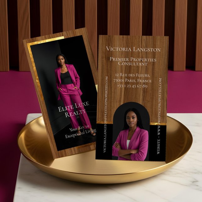 Cartão De Visita Luxury Real Estate Woodgrain & Gold Arch Photo (Luxury Real Estate Woodgrain & Gold Arch Photo Business Card)