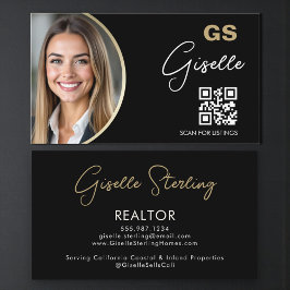 Cartão De Visita Luxury Realtor QR Code Black Gold Photo