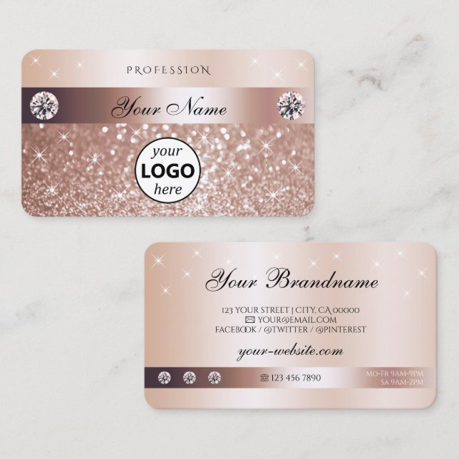 Cartão De Visita Luxury Rose Gold Glitter Sparkling Stars with Logo (Frente/Verso)