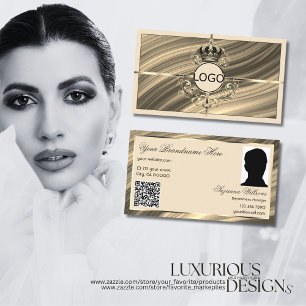 Cartão De Visita Luxury Royal Beige Logotipo Dourado Coroa Foto QR 
