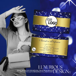 Cartão De Visita Luxury Royal Blue Glitter Estrelas Douradas e logo
