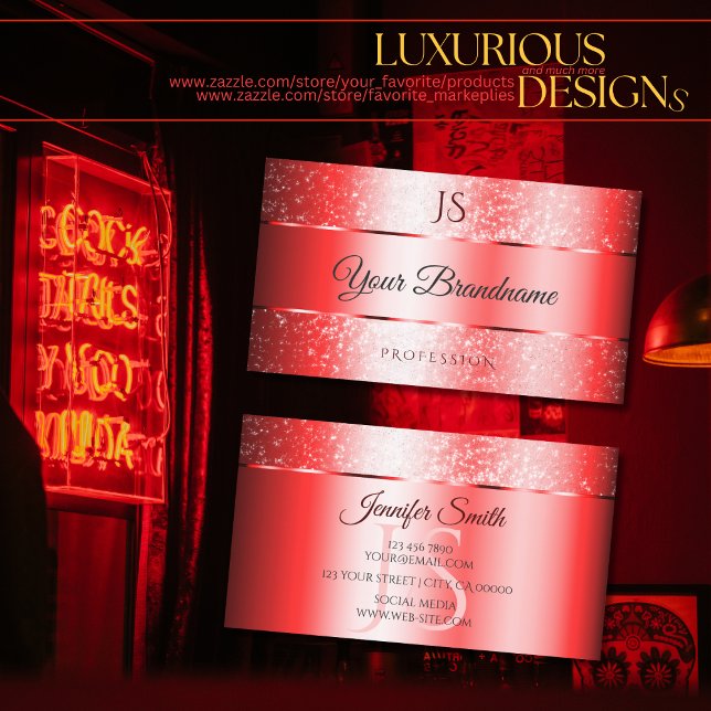 Cartão De Visita Luxury Ruby Red Sparkle Glitter e Monograma Nobre (Criador carregado)