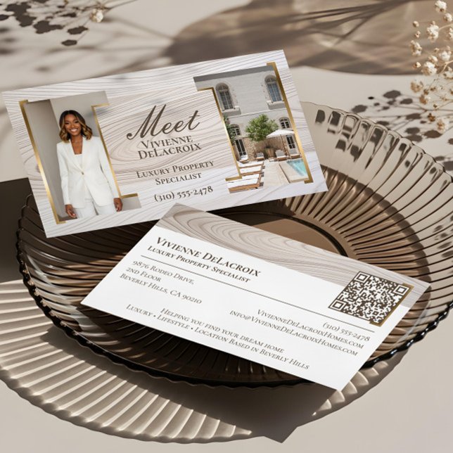 Cartão De Visita Luxury Script Real Estate Agent Professional Photo (Luxury Wood Professional Photo Collage Elegant Business Card)