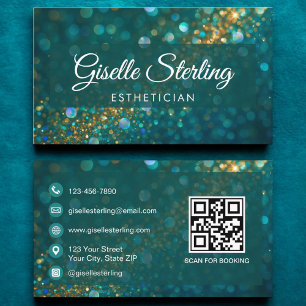 Cartão De Visita Luxury Teal Dourado Glitter Estheticista Código QR
