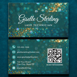 Cartão De Visita Luxury Teal Dourado Glitter Lash Tech QR Code