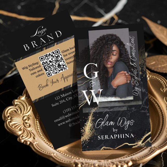 Cartão De Visita Luxury Wig Hair Stylist Salon Black Gold Agate (Luxury Wig Hair Stylist Salon Black Gold Agate Business Card)