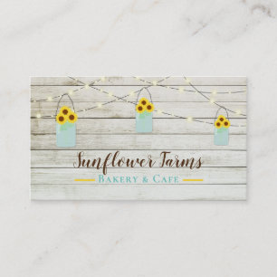 Cartão De Visita Luzes de Madeira Branca Rústica & Girassóis em Jar