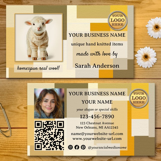 Cartão De Visita Made with Love Wool Knitting Crafts (Home made with love business card featuring a colorful design with custom photos and QR code)