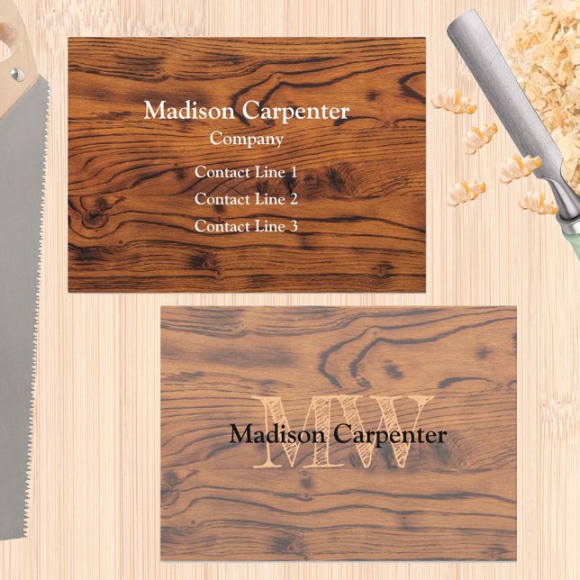Cartão De Visita Madeira russa queimada Carpinteiro Monograma (Custom business card for men, carpenter, wood worker, handy man... )