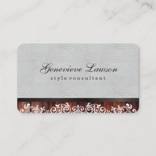 Cartão De Visita Madeira rústica do couro branco e texto elegante