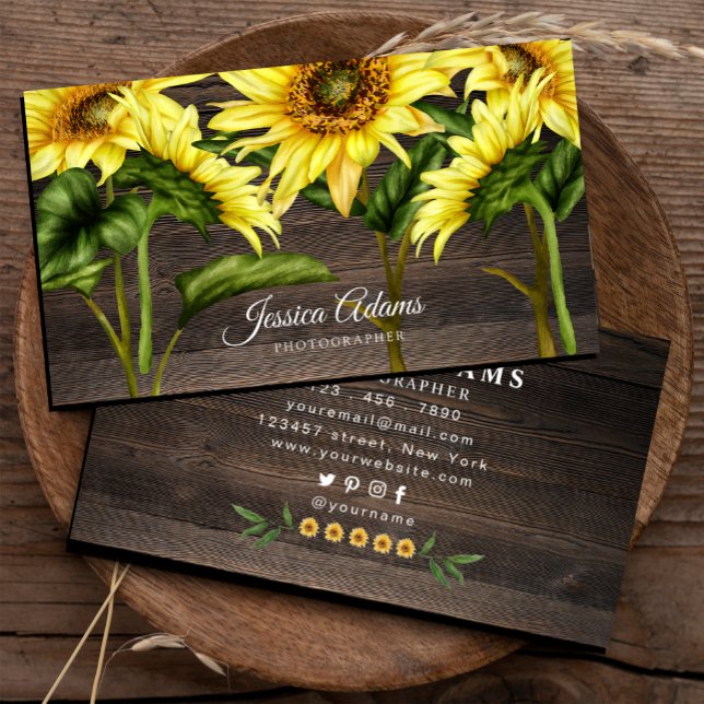 Cartão De Visita Madre Rústica Amarelo-Girassol (Rustic Yellow Sunflower Watercolor Wooden Business Card,#sunflower #handpaintedsunflower #watercolor)