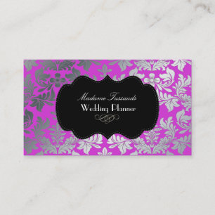 Cartão De Visita Magenta barroco do damasco da prata do falso de