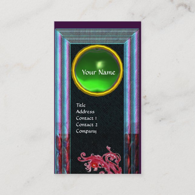 Cartão De Visita MAGIC BERRIES GREEN EMERALD MONOGRAM, azul preto (Frente)